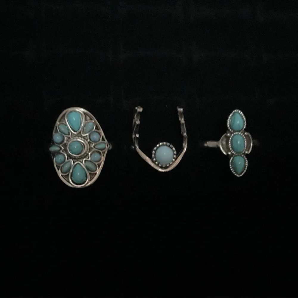 New x3 Silver Tone Rings Turquoise Inspired Trendy Fashion Ring Set Size 7 / 8